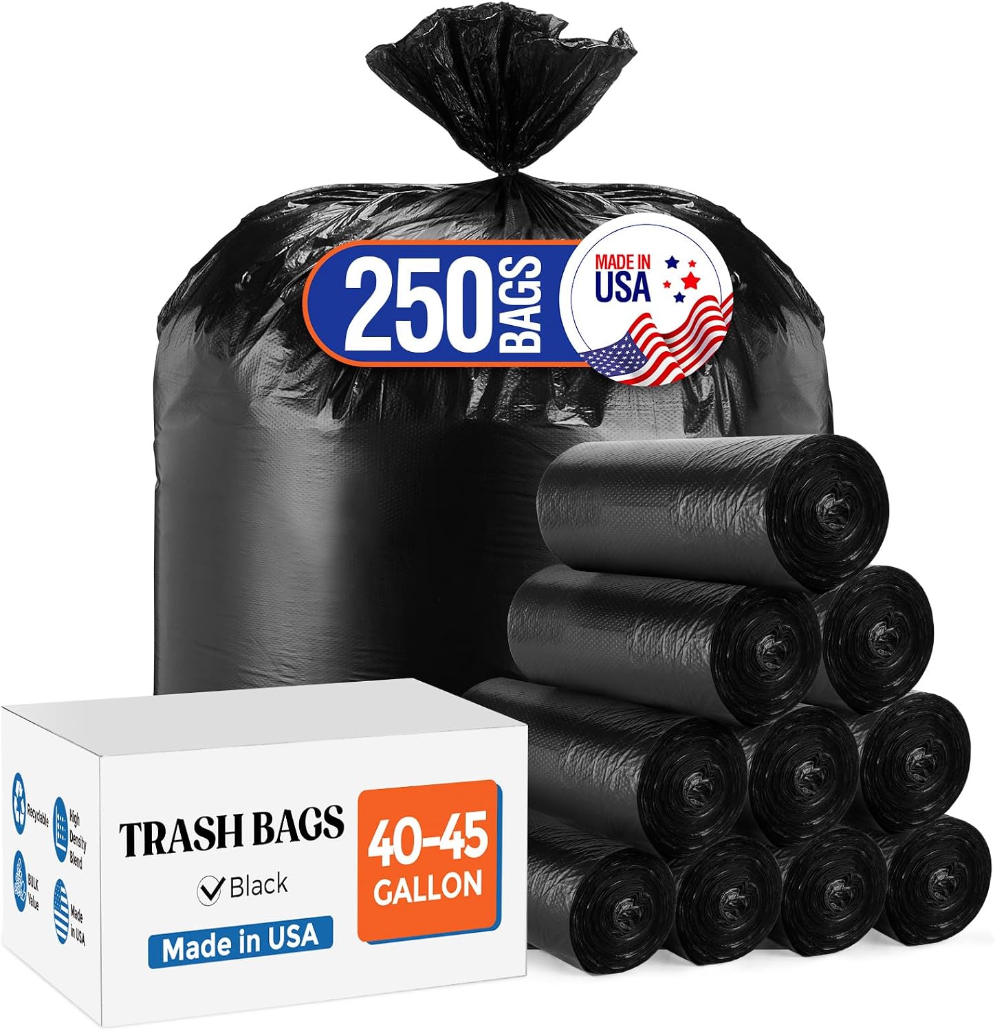 Delxo 40-45 Gallon Trash Bags, 250 Count, 40×45'' Large Black Garbage Bags | Star-Seal Can Liners for Home, Kitchen, Yard & Office – Bulk Value Pack, Made in USA - Delxo